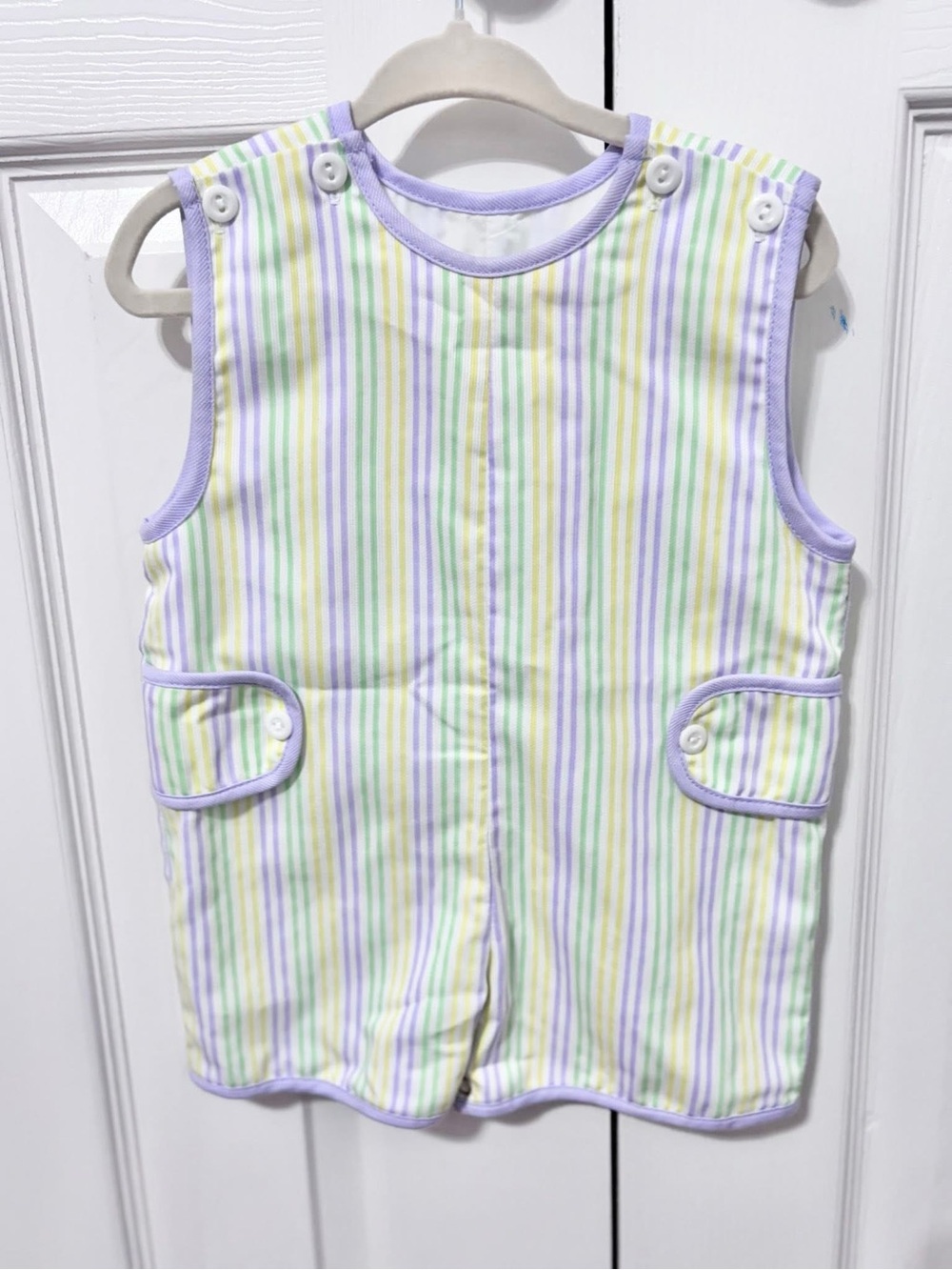 Mardi Gras Striped Pastel Sleeveless Baby Romper - Purple Trim